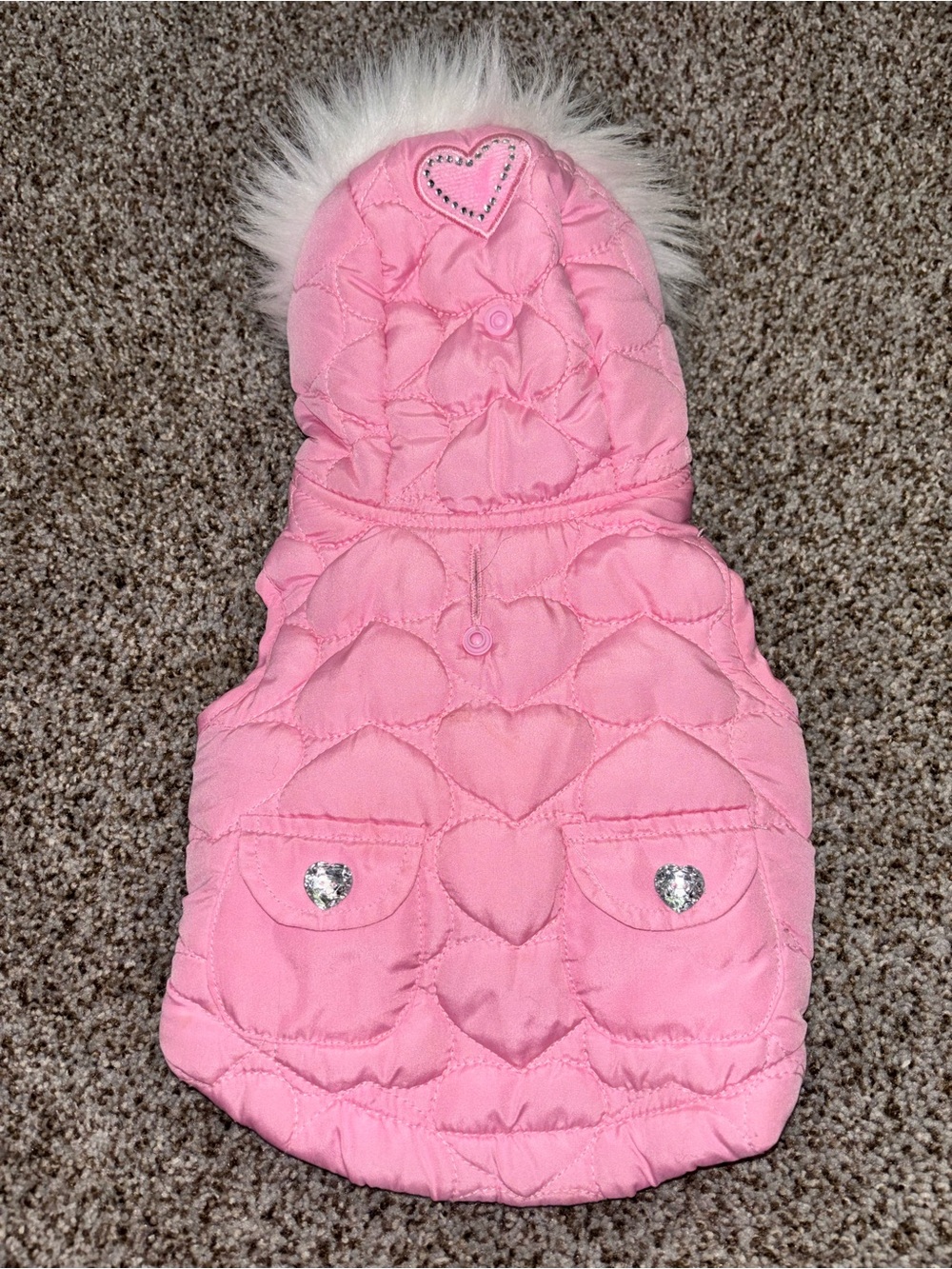 Pink Quilted Heart-Pattern Dog Coat with Faux Fur Trim